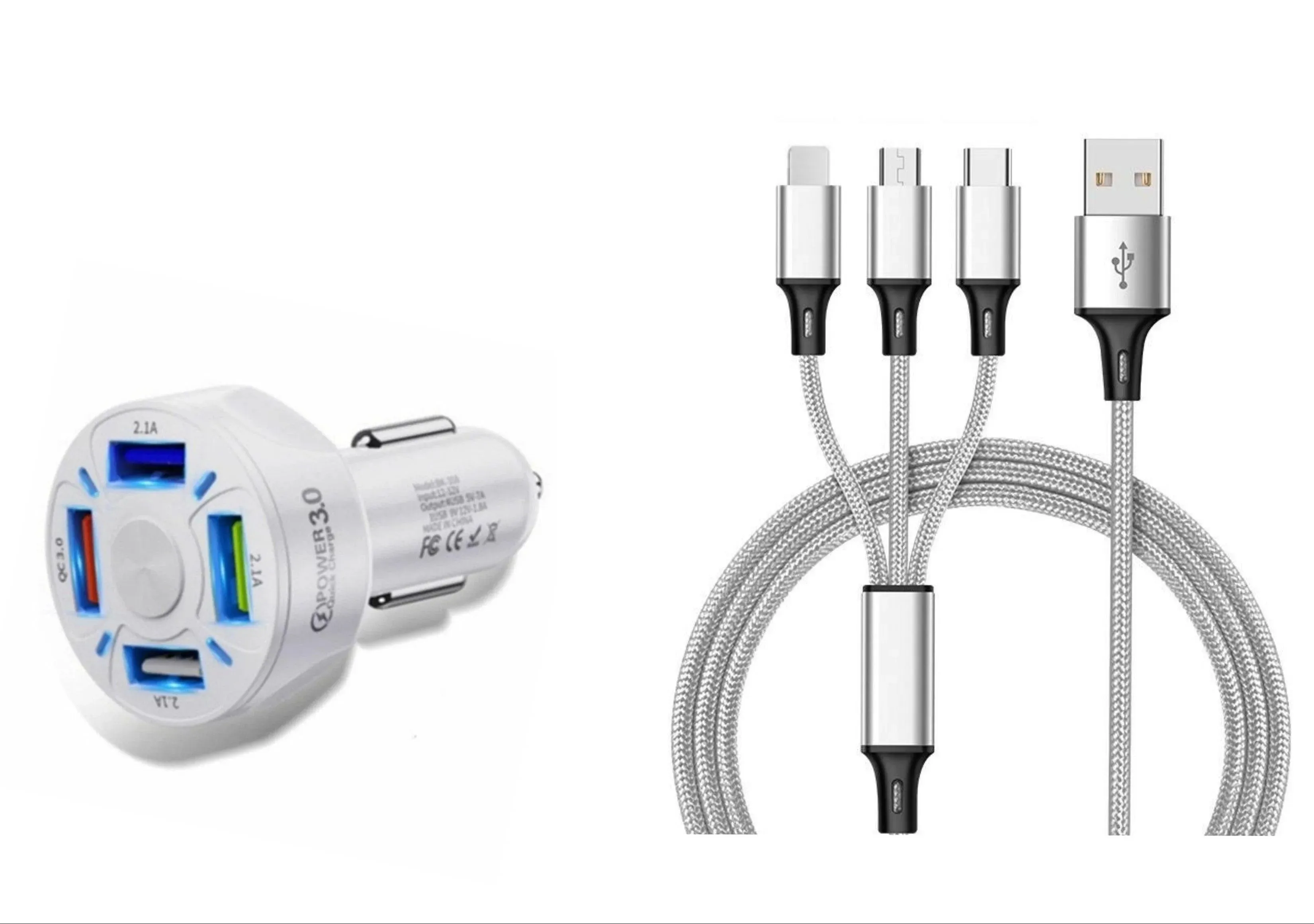 4 Port LED Car Charger   3 in 1 Cable Combo Silver