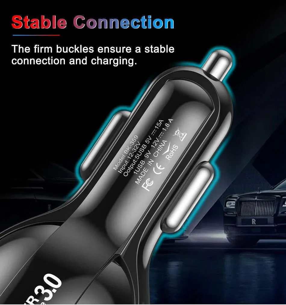 4 Port LED Car Charger   3 in 1 Cable Combo Silver