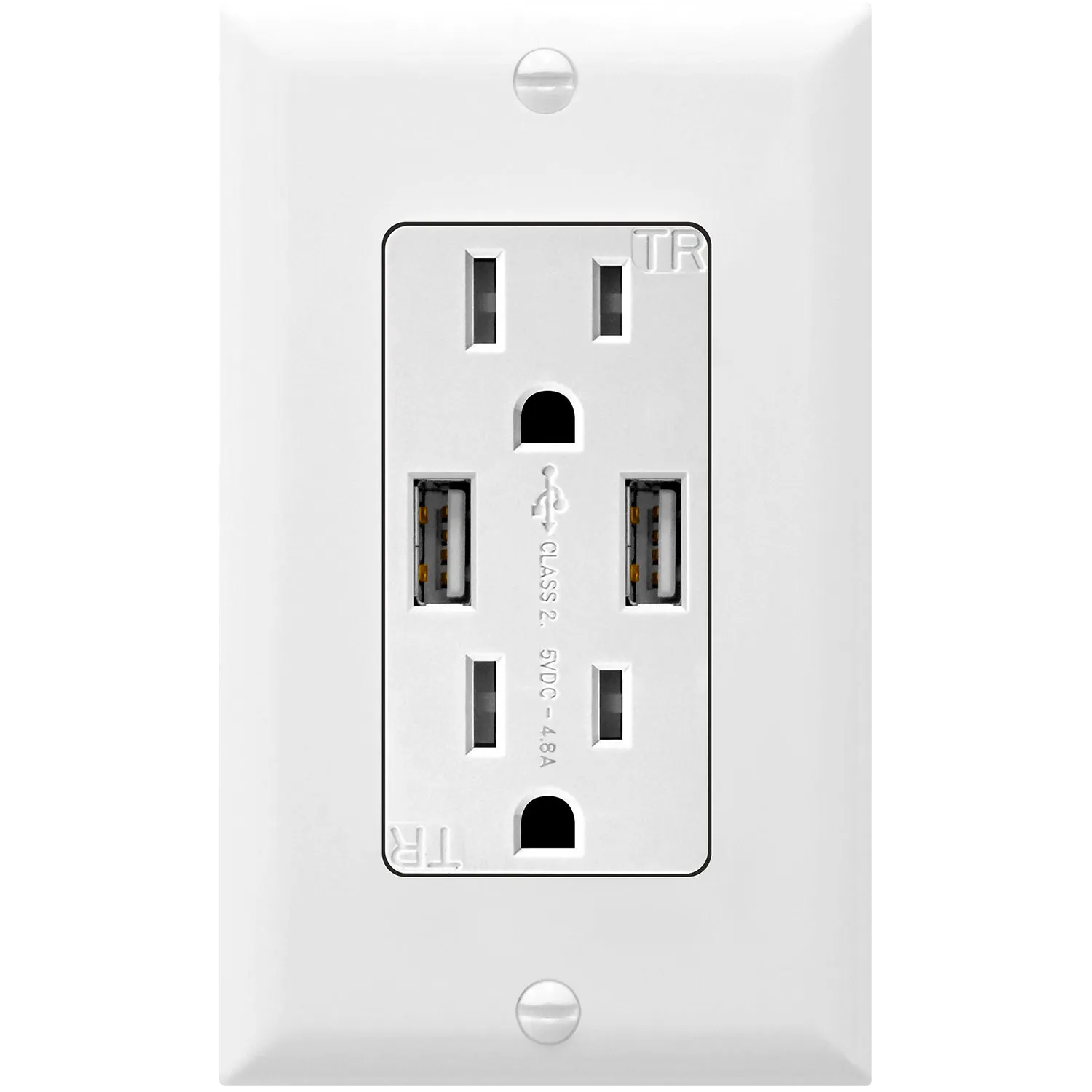 4.8A USB Dual Type A Wall Outlet Charger  with 15A Tamper-Resistant Receptacle