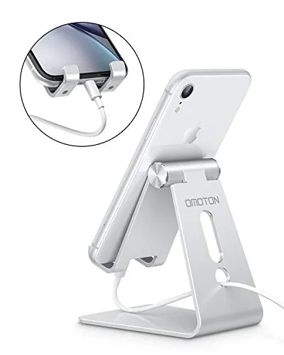 Adjustable Cell Phone Stand, OMOTON C2 Aluminum Desktop Phone Holder Dock Compatible with iPhone 11 Pro, SE, XR, 8 Plus 7 6, Samsung Galaxy, Google Pixel and More, Sliver