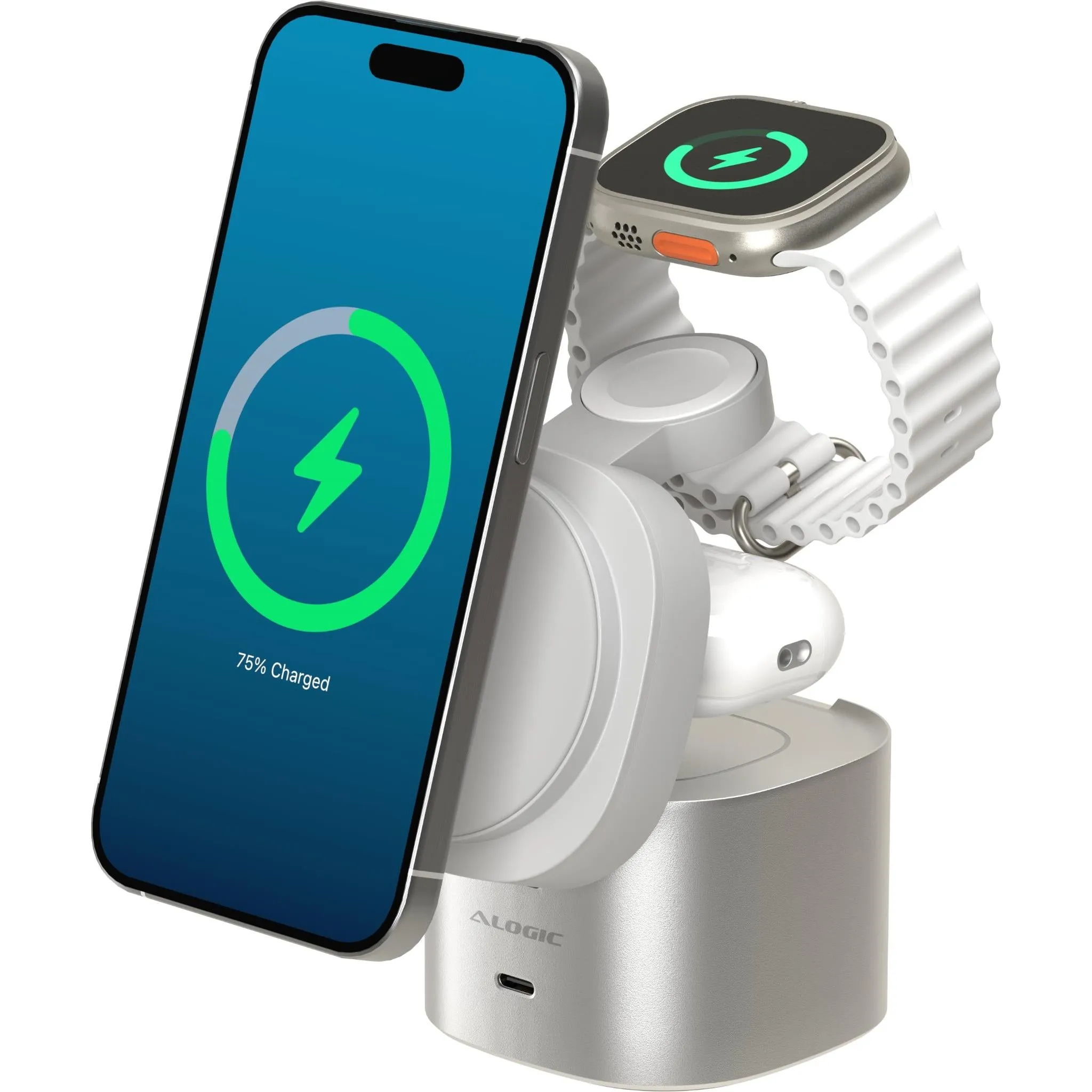 Alogic Powerpod 4-in-1 Qi2 Wireless Charging stand (White)