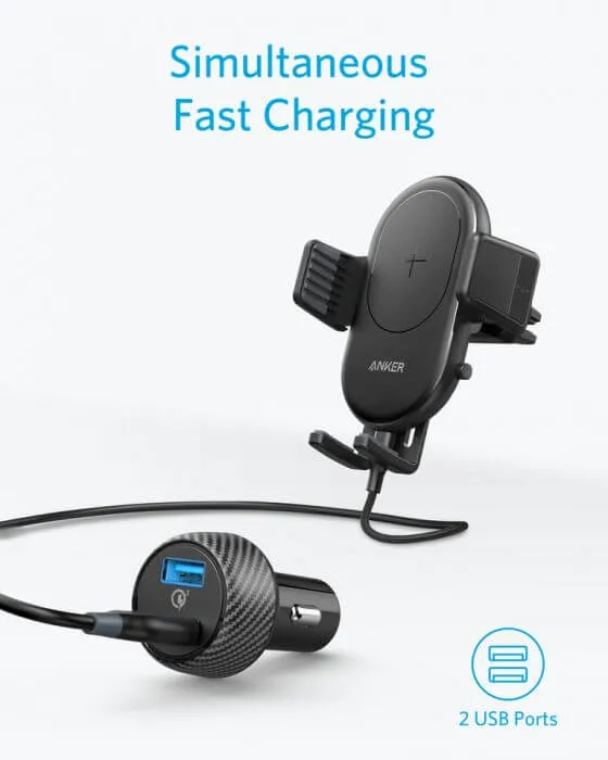 Anker PowerWave 7.5 Wireless Charging Car Mount With 2-Port QC 3.0 Charger