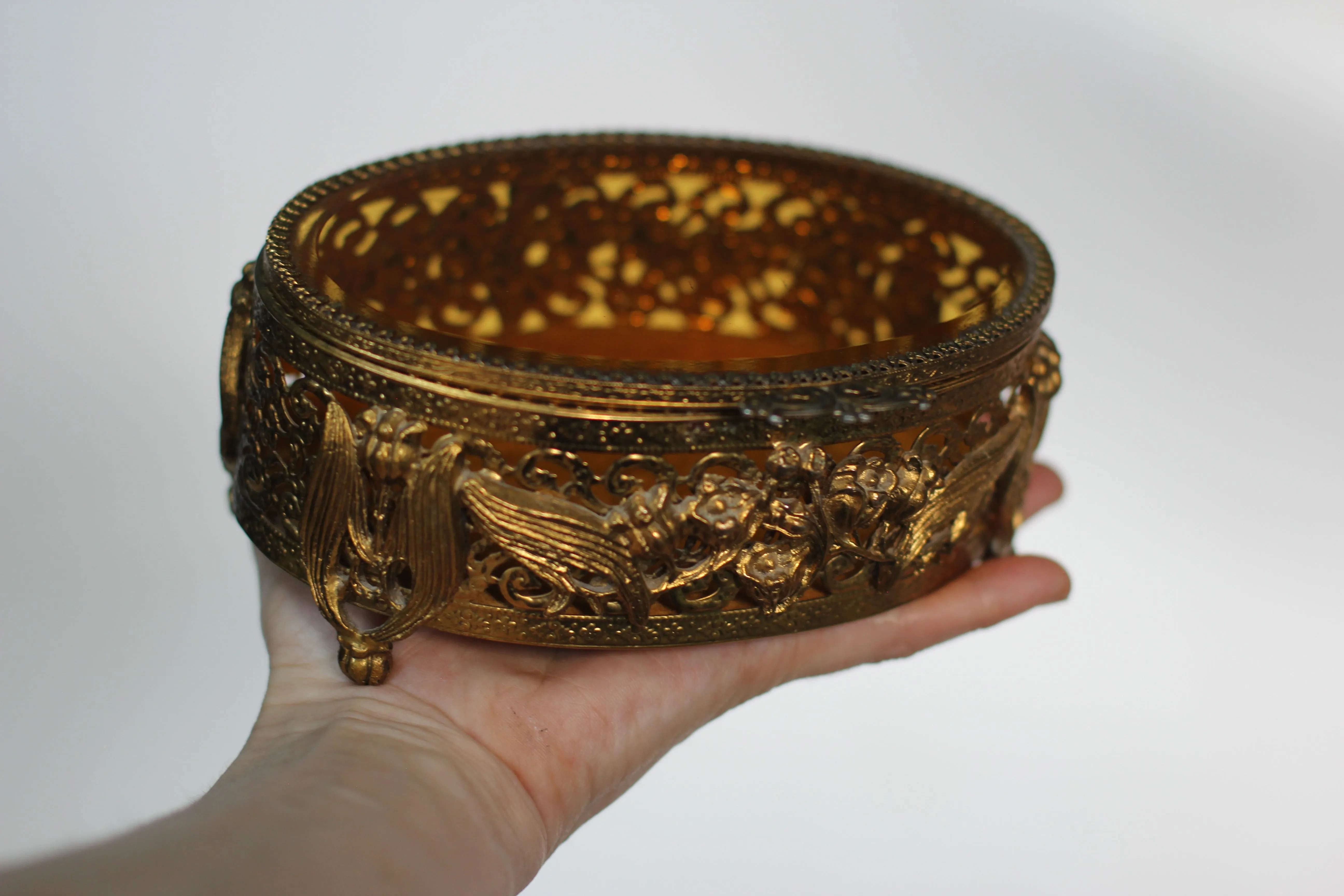 Antique Floral Amber Tinted Lily of the Valley French Victorian Jewelry Box