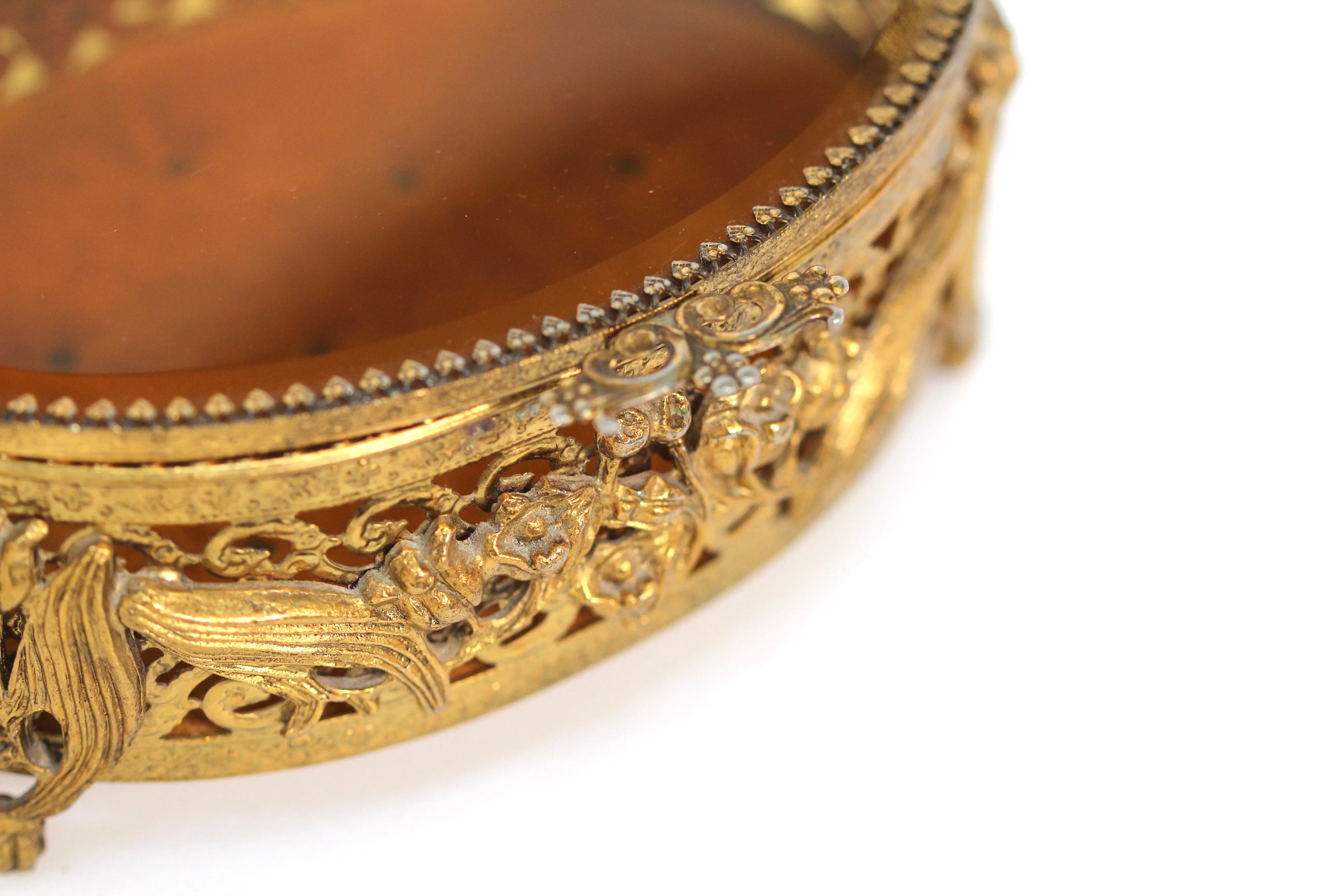 Antique Floral Amber Tinted Lily of the Valley French Victorian Jewelry Box