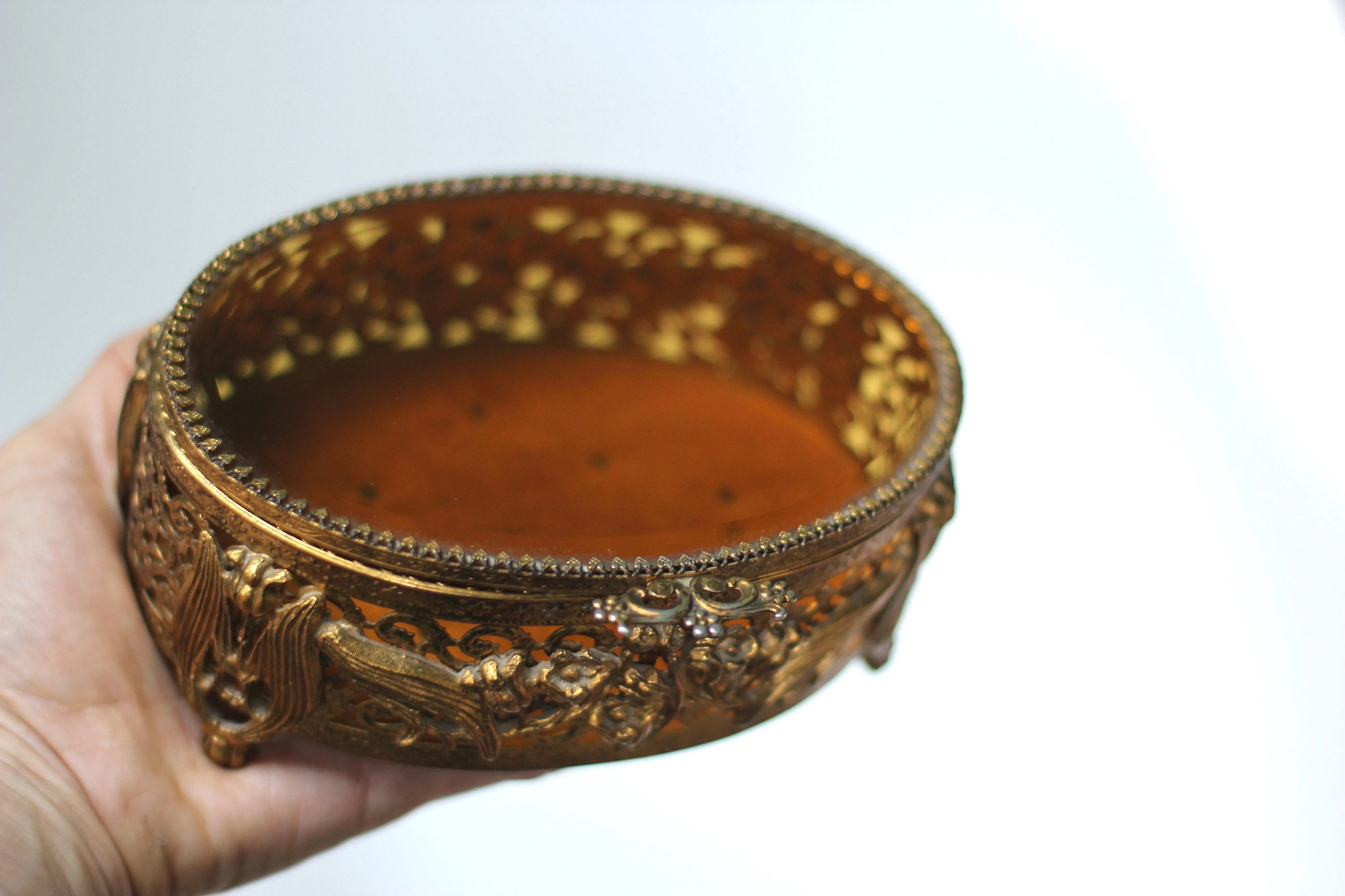 Antique Floral Amber Tinted Lily of the Valley French Victorian Jewelry Box