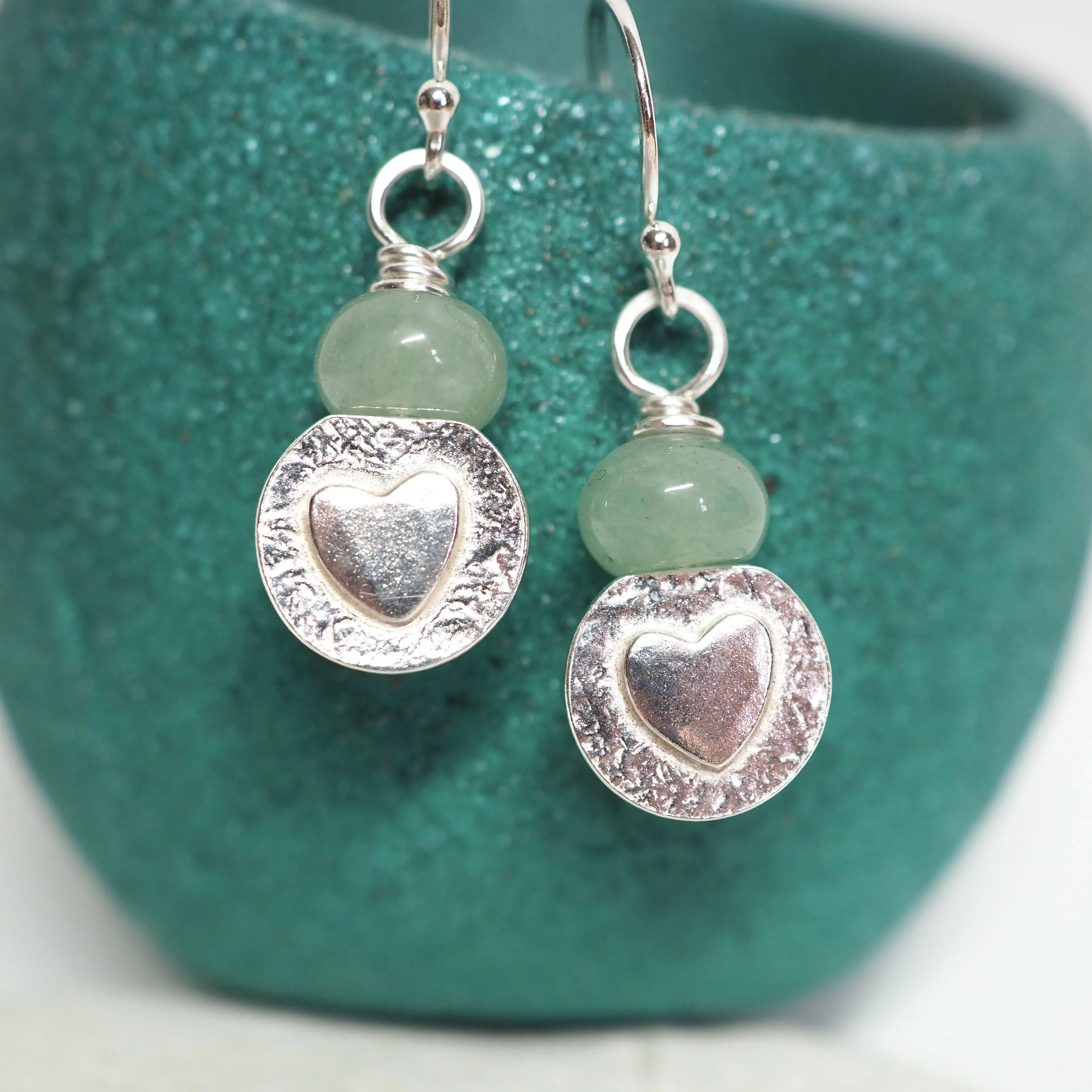 Aventurine and Silver Heart Earrings