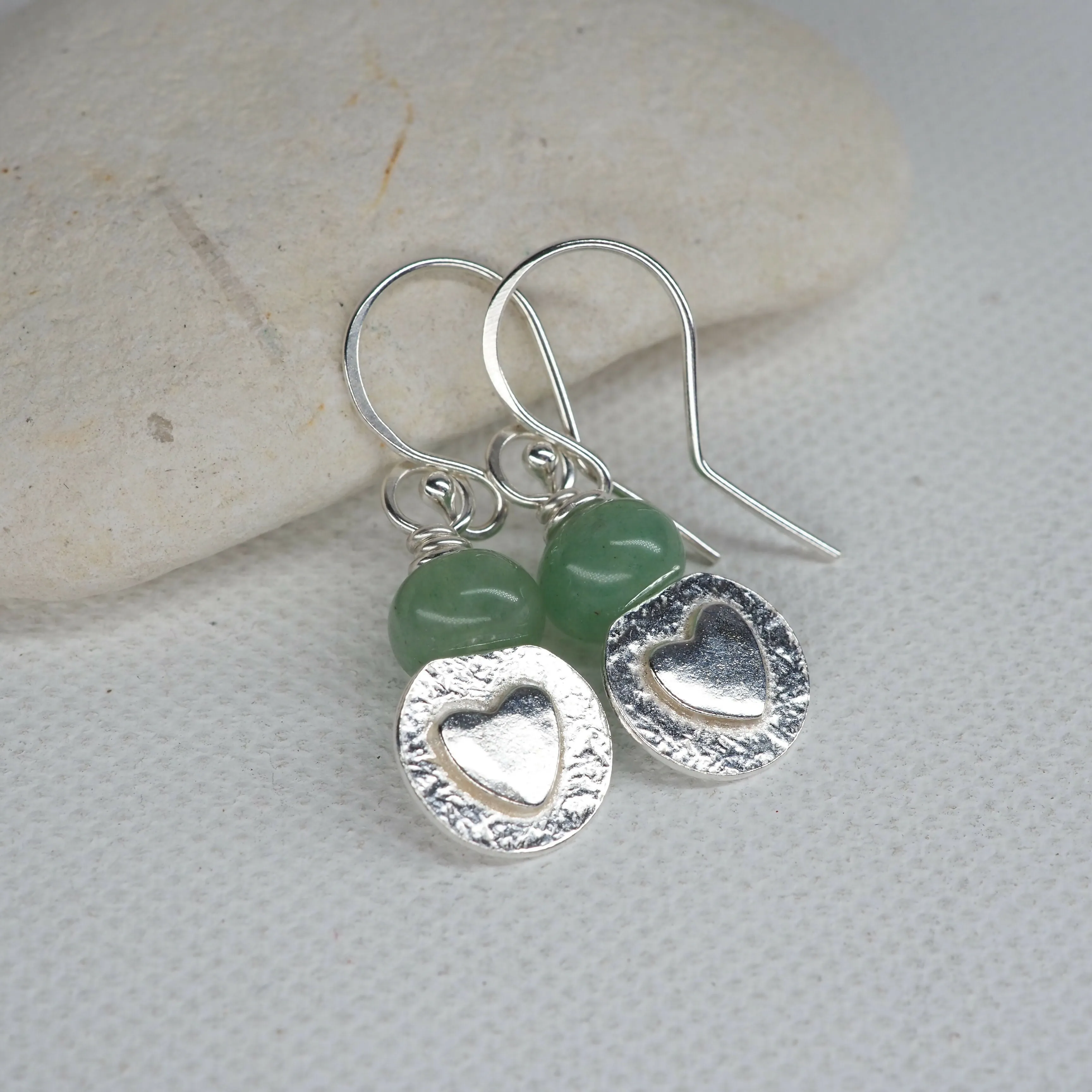 Aventurine and Silver Heart Earrings