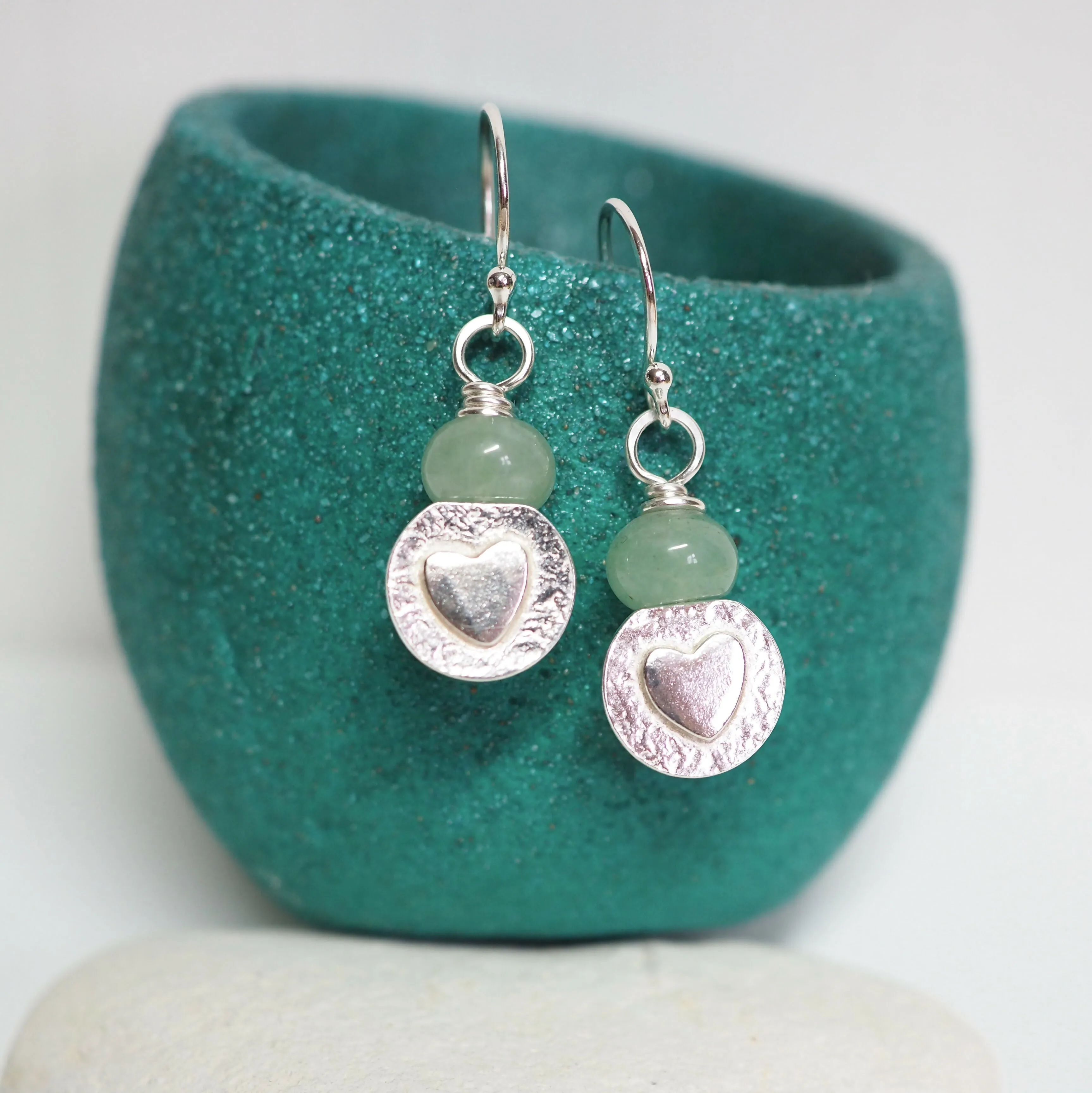 Aventurine and Silver Heart Earrings