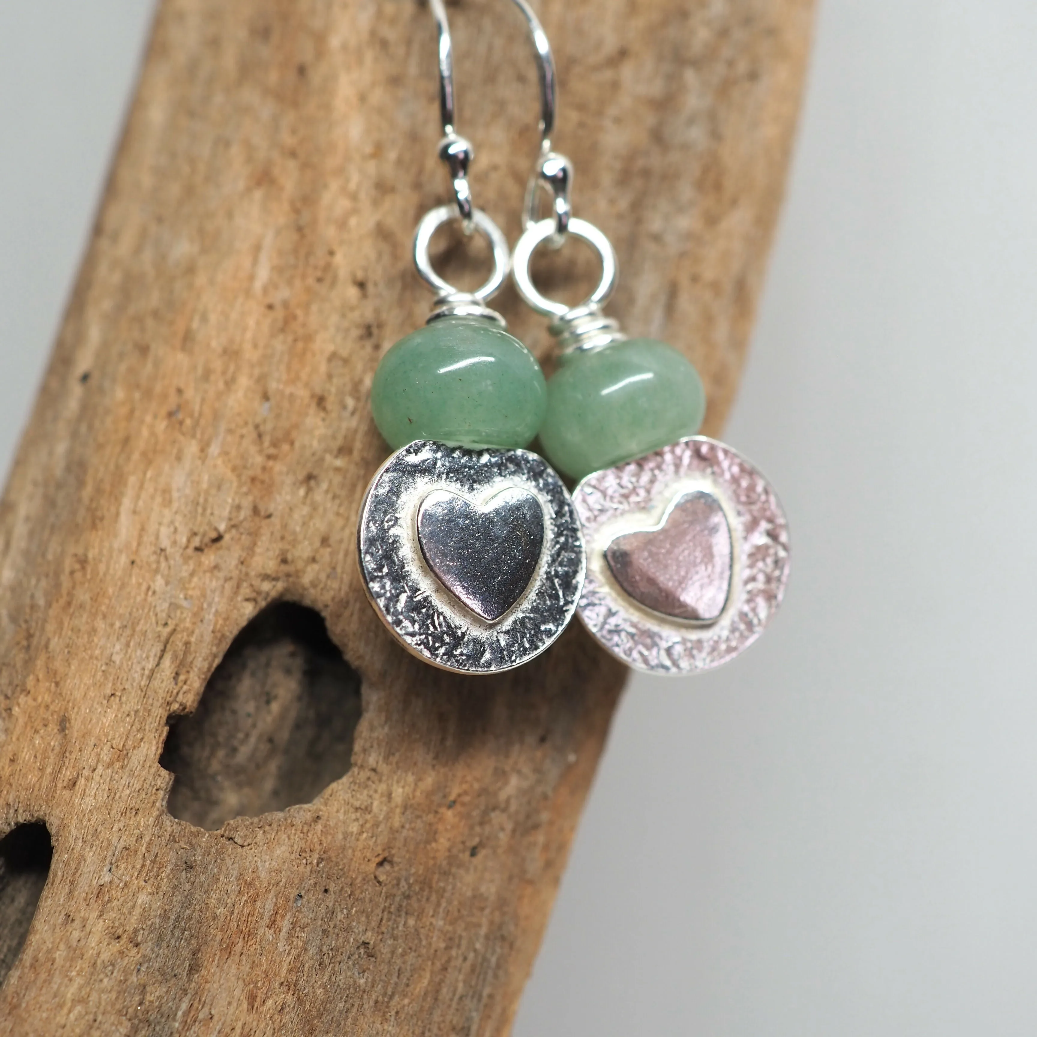 Aventurine and Silver Heart Earrings