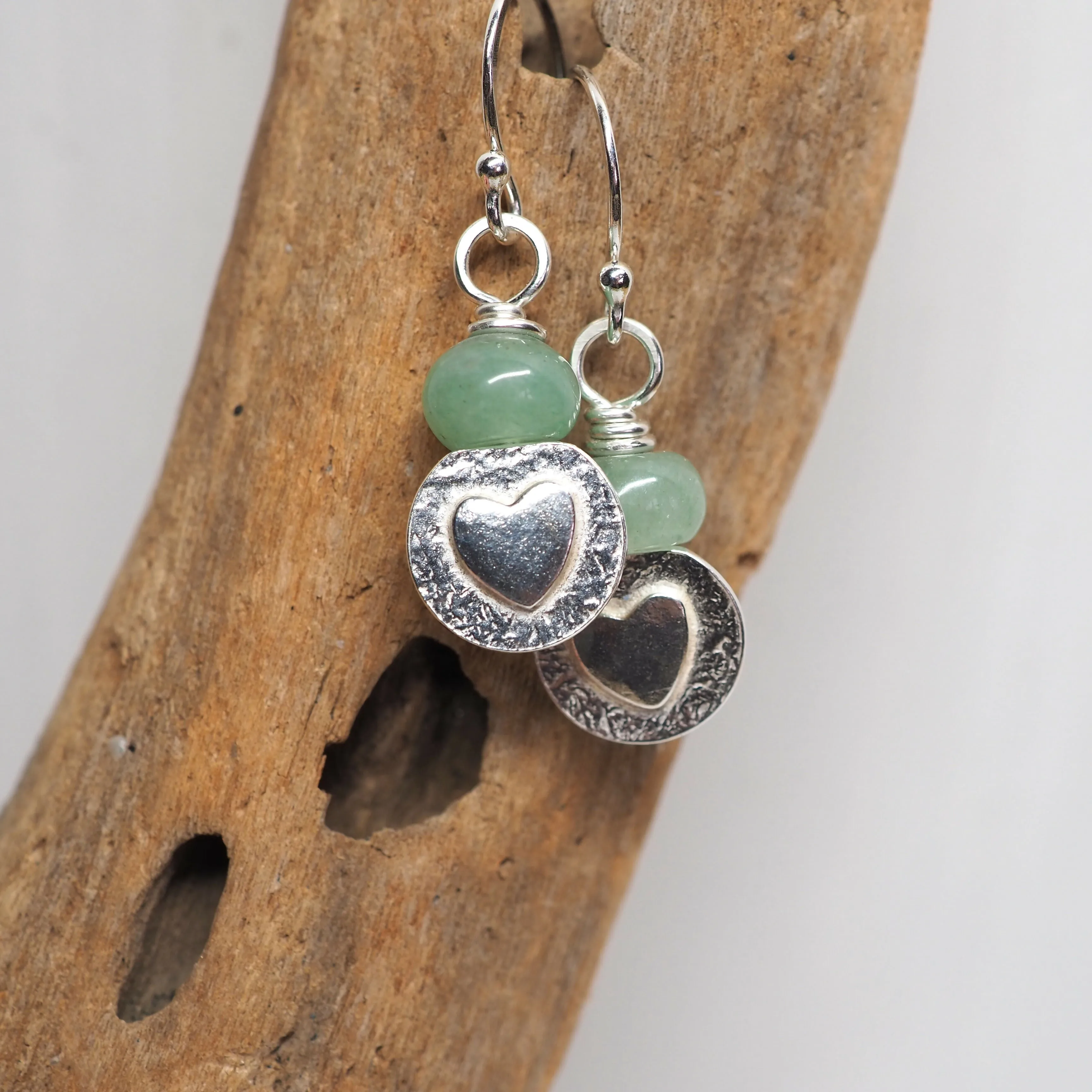 Aventurine and Silver Heart Earrings