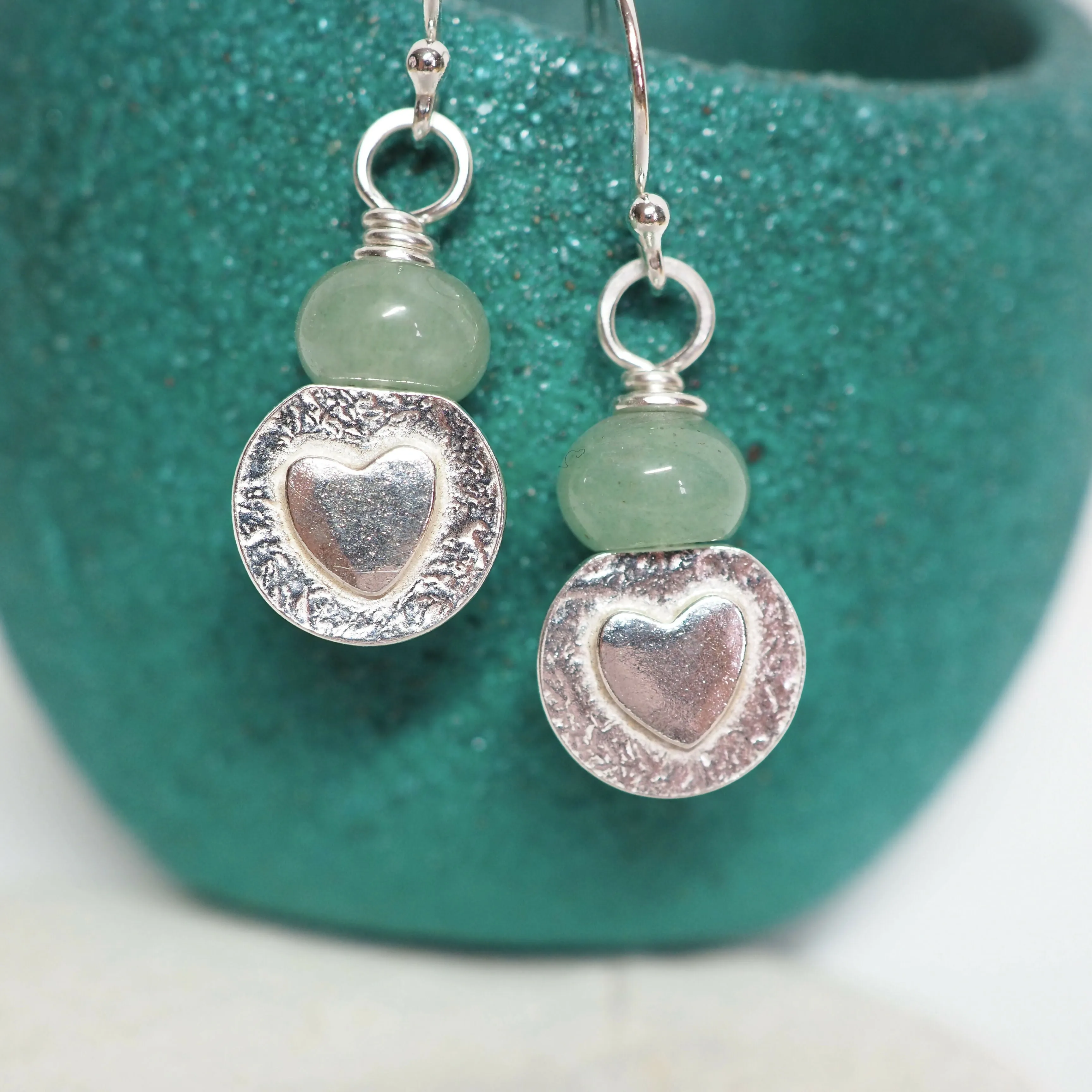 Aventurine and Silver Heart Earrings