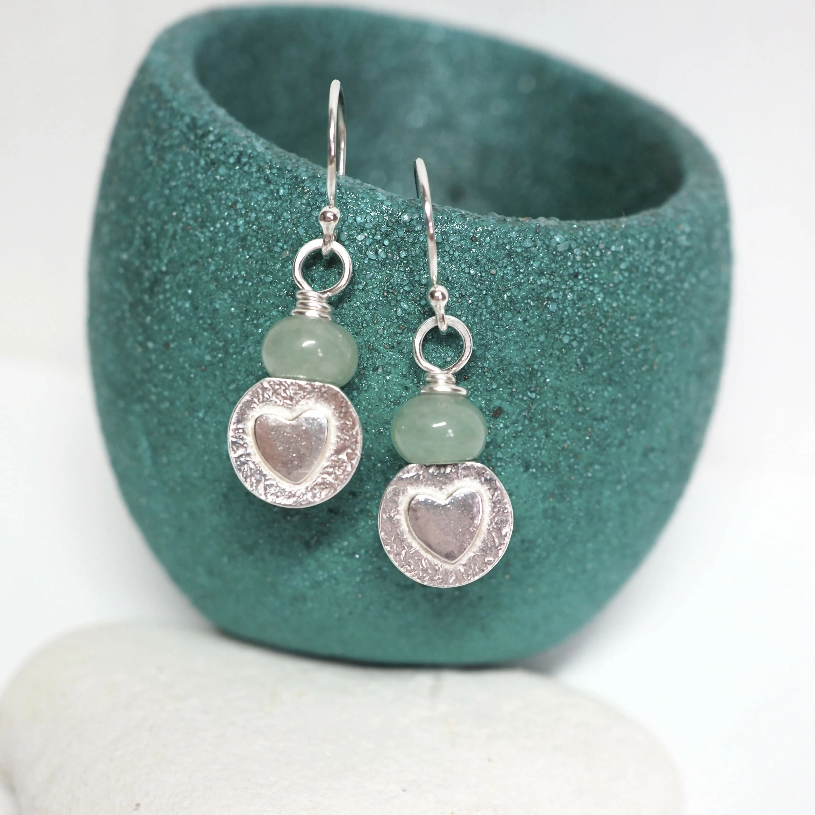 Aventurine and Silver Heart Earrings