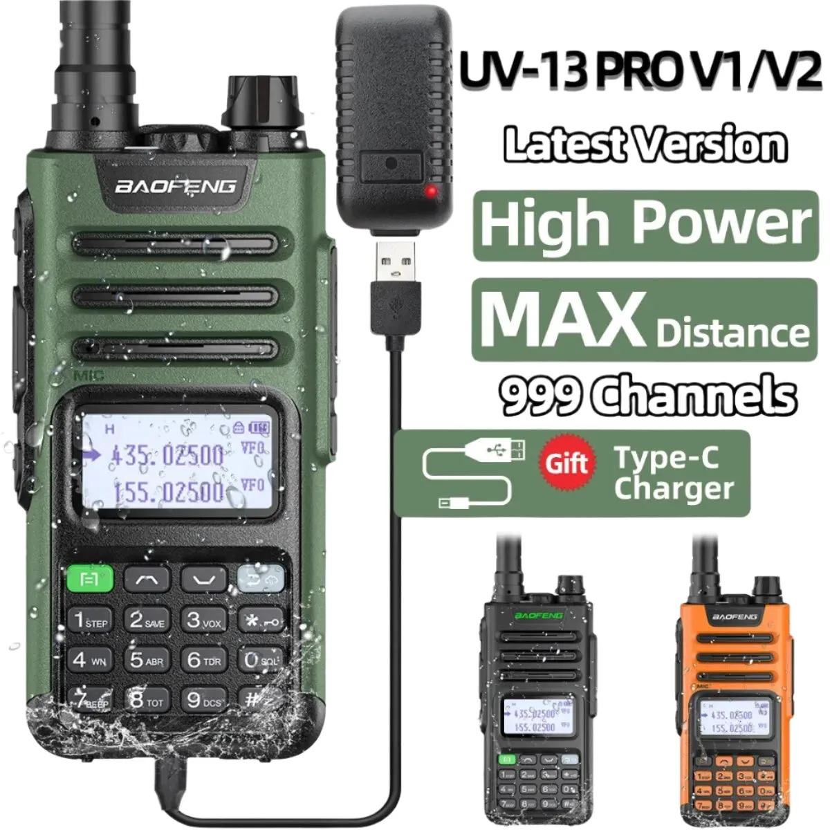 BaoFeng UV-13 PRO V1 V2 High Power Dual Band Walkie Talkie Type C Charger 16 KM Long Range UV13 Transceiver Ham Two Way Radio