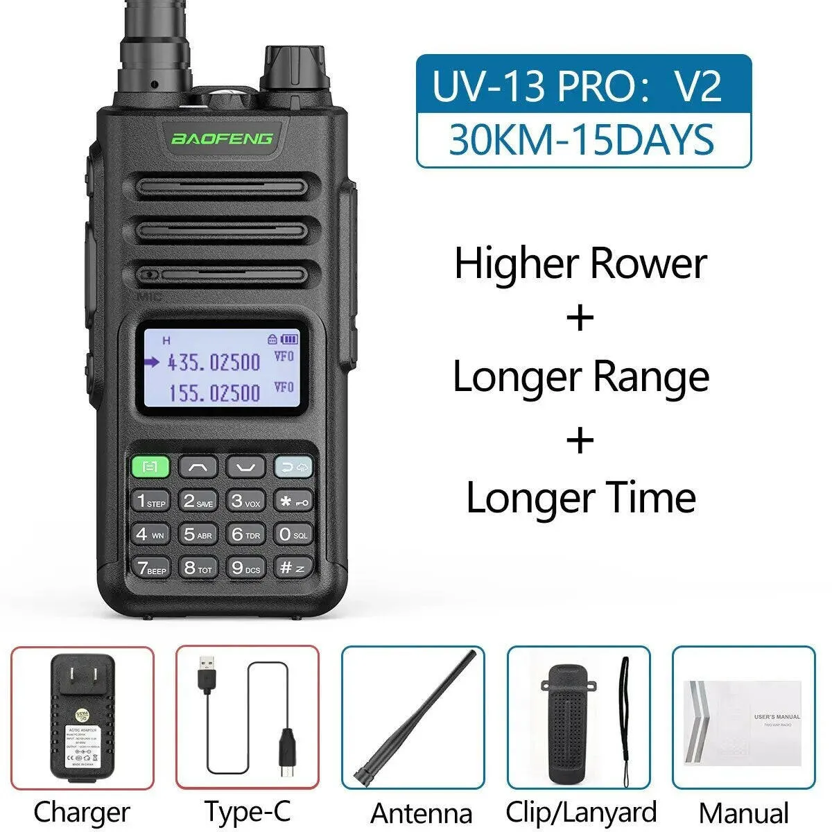 BaoFeng UV-13 PRO V1 V2 High Power Dual Band Walkie Talkie Type C Charger 16 KM Long Range UV13 Transceiver Ham Two Way Radio