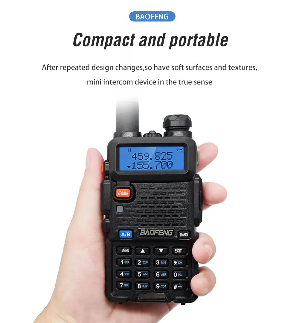 Baofeng UV5R LED Screen 5W Handheld High-power VHF/UHF136-174MHz&400-520MHz Dual Band Frequency Modulation 1800mah Walkie Talkie