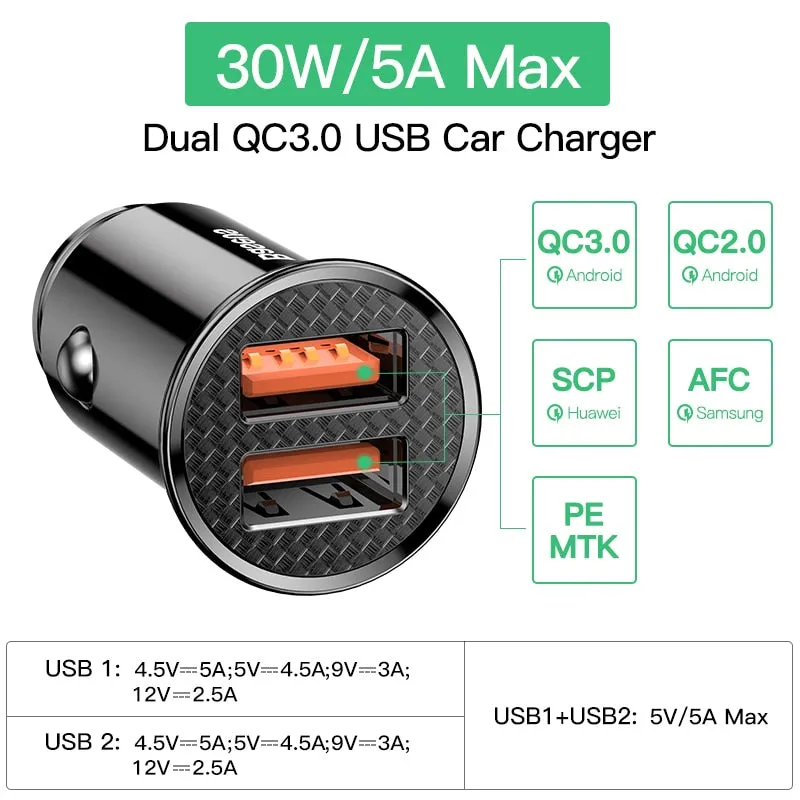 Baseus Quick Charge 4.0 3.0 USB Car Charger For iPhone 11 Pro Max Xiaomi Huawei P30 QC4.0 QC3.0 QC 5A Fast PD Car Phone Charger