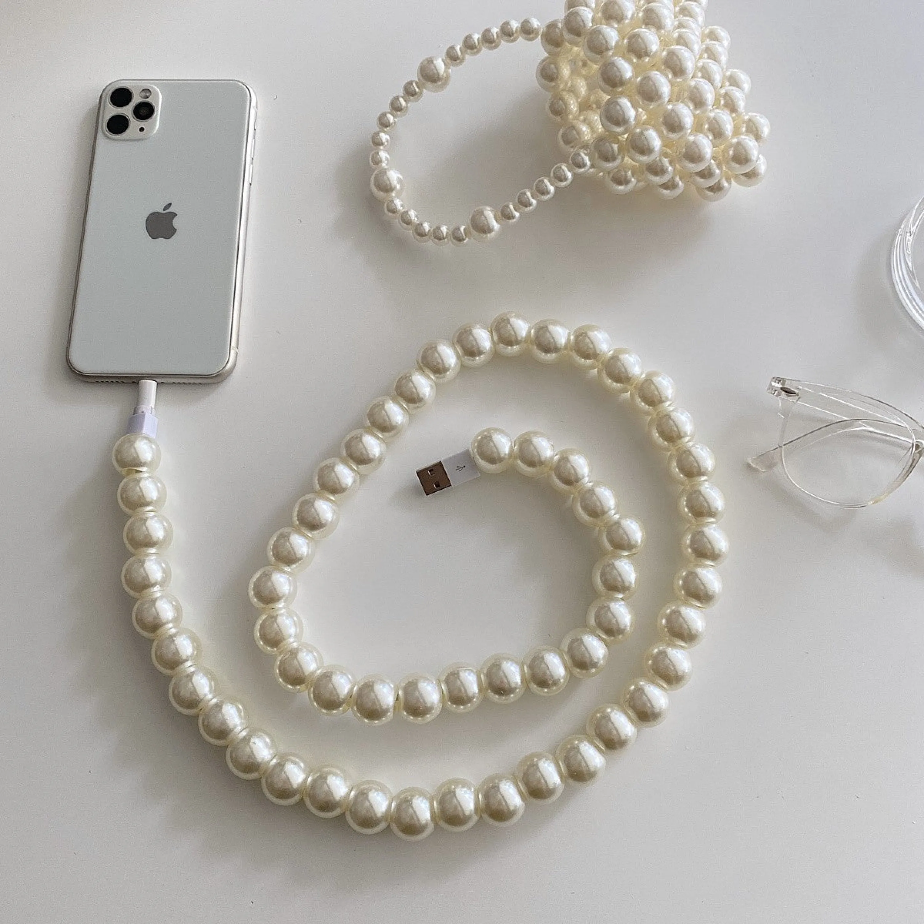 Beaded Phone Charger Cable / Pearl