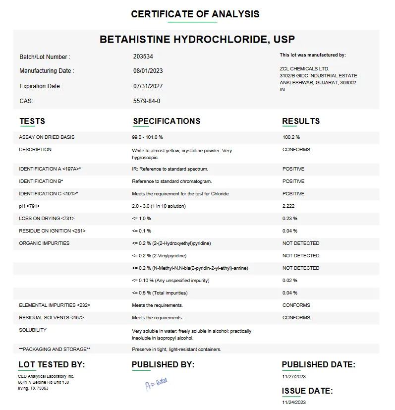 Betahistine Hydrochloride USP For Compounding (API) (Rx)