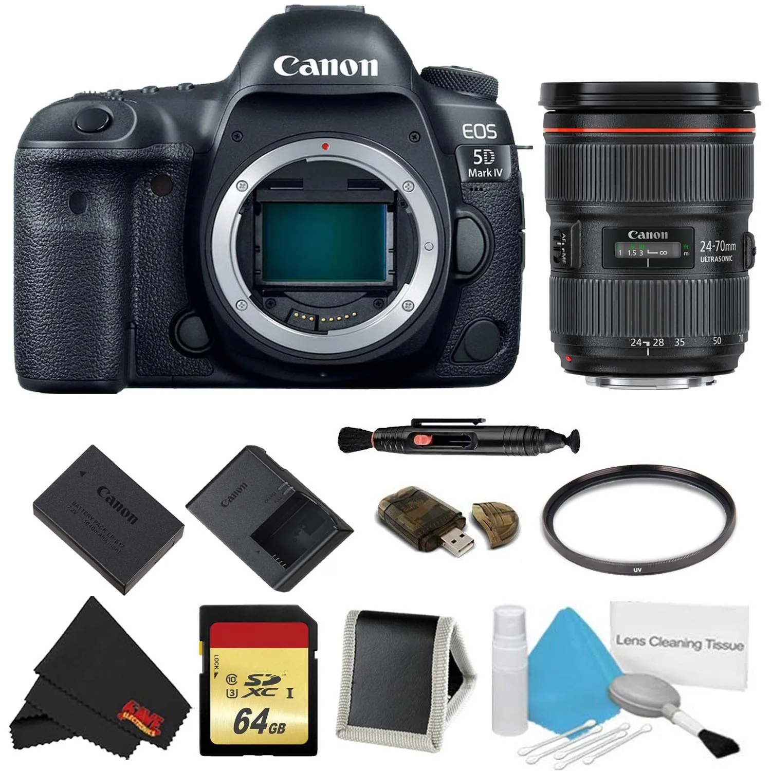 Canon EOS 5D Mark IV DSLR Camera (Body Only) Basic Filter   Memory Kit w/ 24-70mm F/2.8L II USM Lens - International Mod