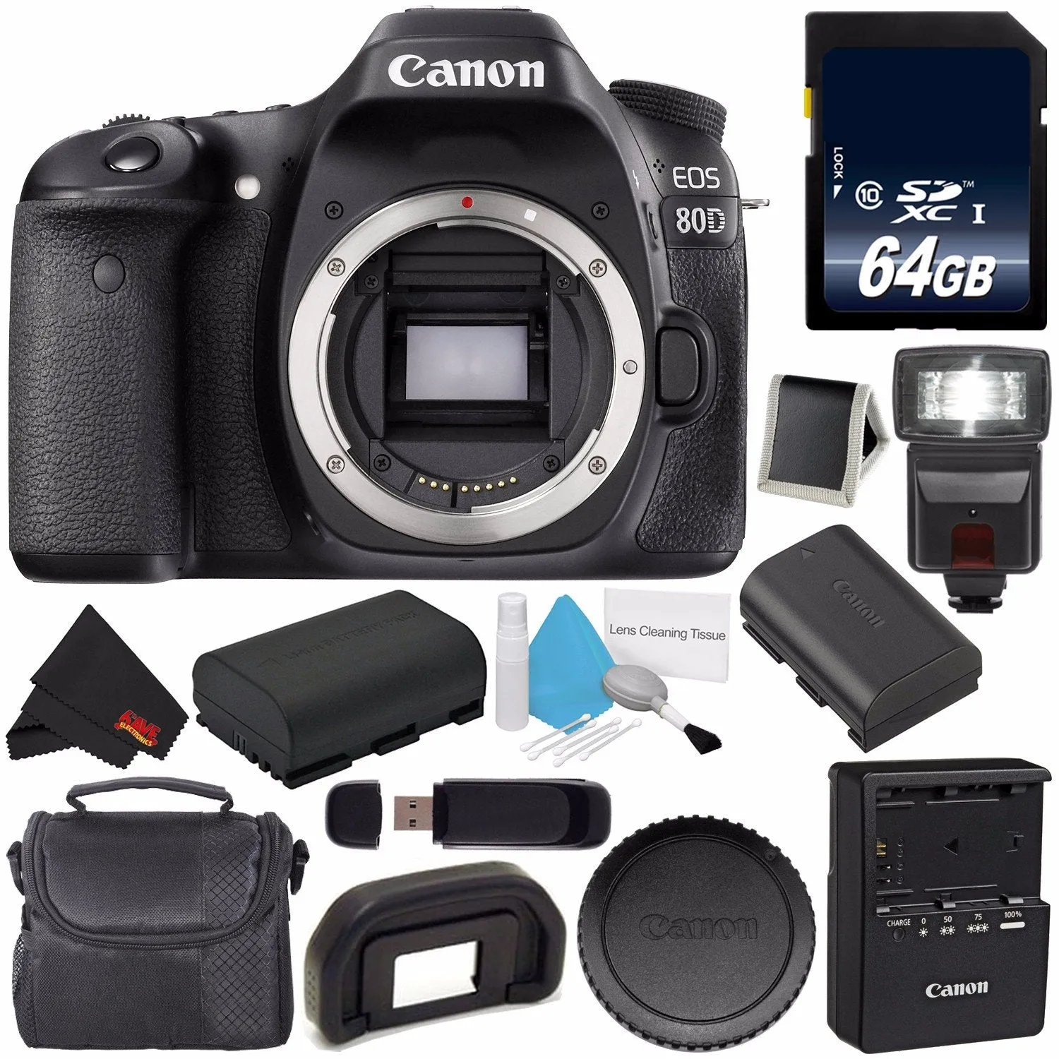 Canon EOS 80D DSLR Camera (Body Only) 1263C004 (International Version)   64GB Memory Card   LP-E17 Replacement Lithium I