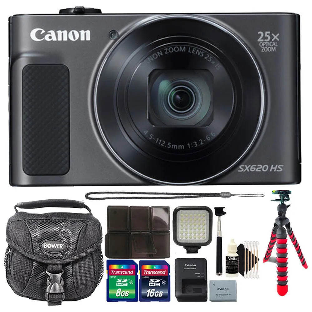 Canon PowerShot SX620 HS 20.2MP Digital Camera Black with LED Video Light and Accessory Bundle