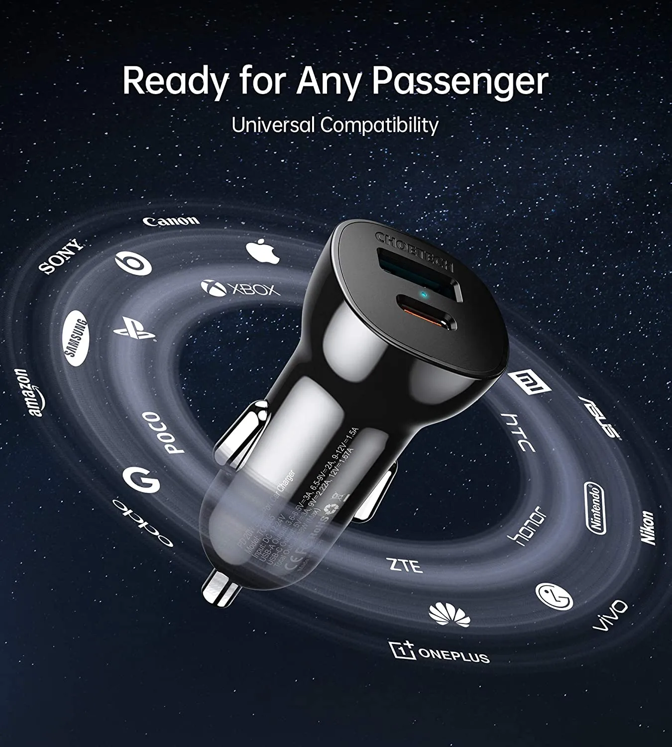 CHOETECH 36W 2-Port USB C Car Charger 18W Power Delivery Quick Charge QC 3.0