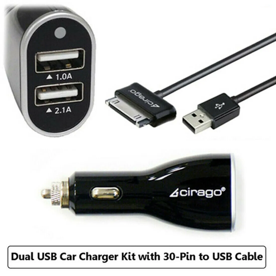 Cirago MFi Certified Dual USB Car Charger Kit & 30-Pin to USB Sync/Charge Cable