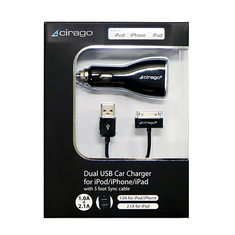 Cirago MFi Certified Dual USB Car Charger Kit & 30-Pin to USB Sync/Charge Cable