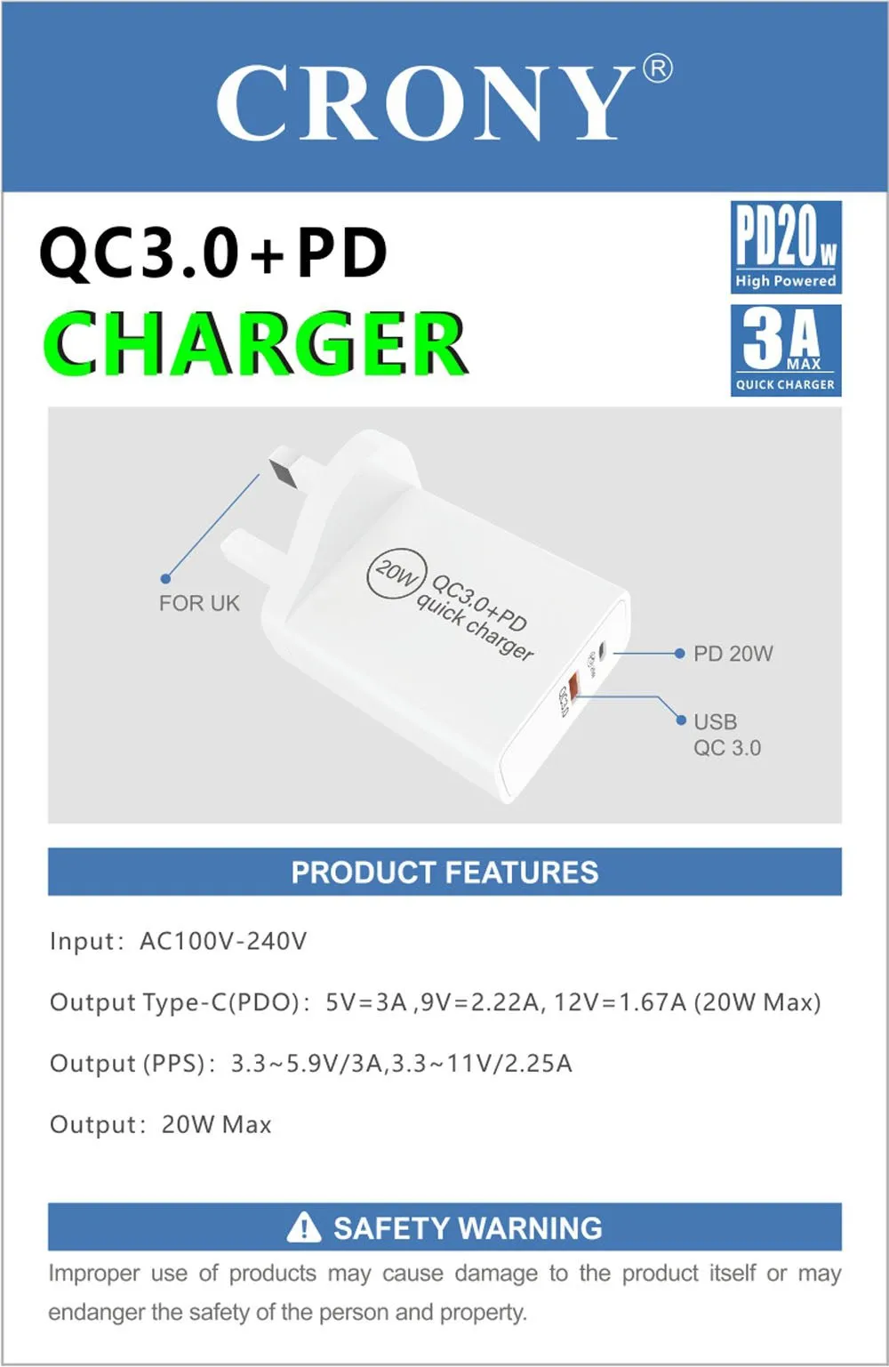 CRONY CR-004 PD20W QC3.0 Fast Charger