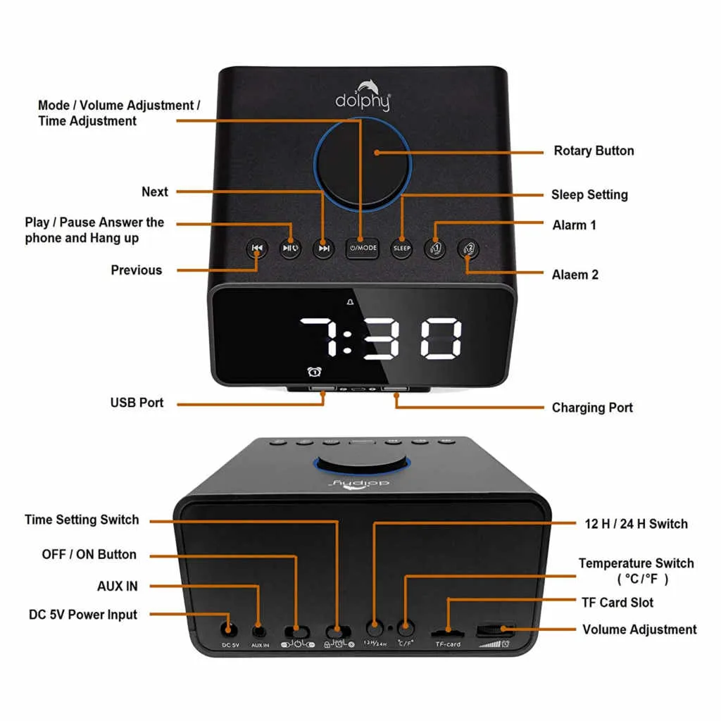 Dolphy Dock Station Dual Alarm Clock,FM Radio,LED Display,Wireless Bluetooth Player DDSN0001