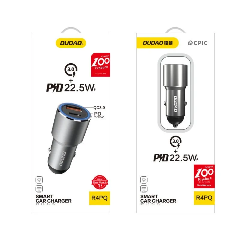 Dudao Fast Car Charger PD QC3.0/4.0, 20Watts, Grey