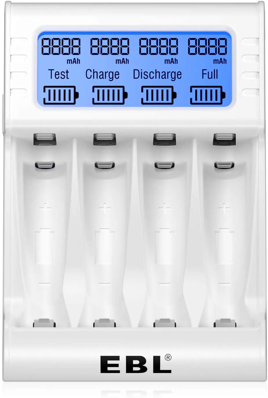 EBL TB-6072 4-Bay Smart Battery Charger with Fast Charging, Built-In LCD Indicator Display and Battery Capacity Test Technology & Discharge Function for AA AAA Rechargeable Batteries