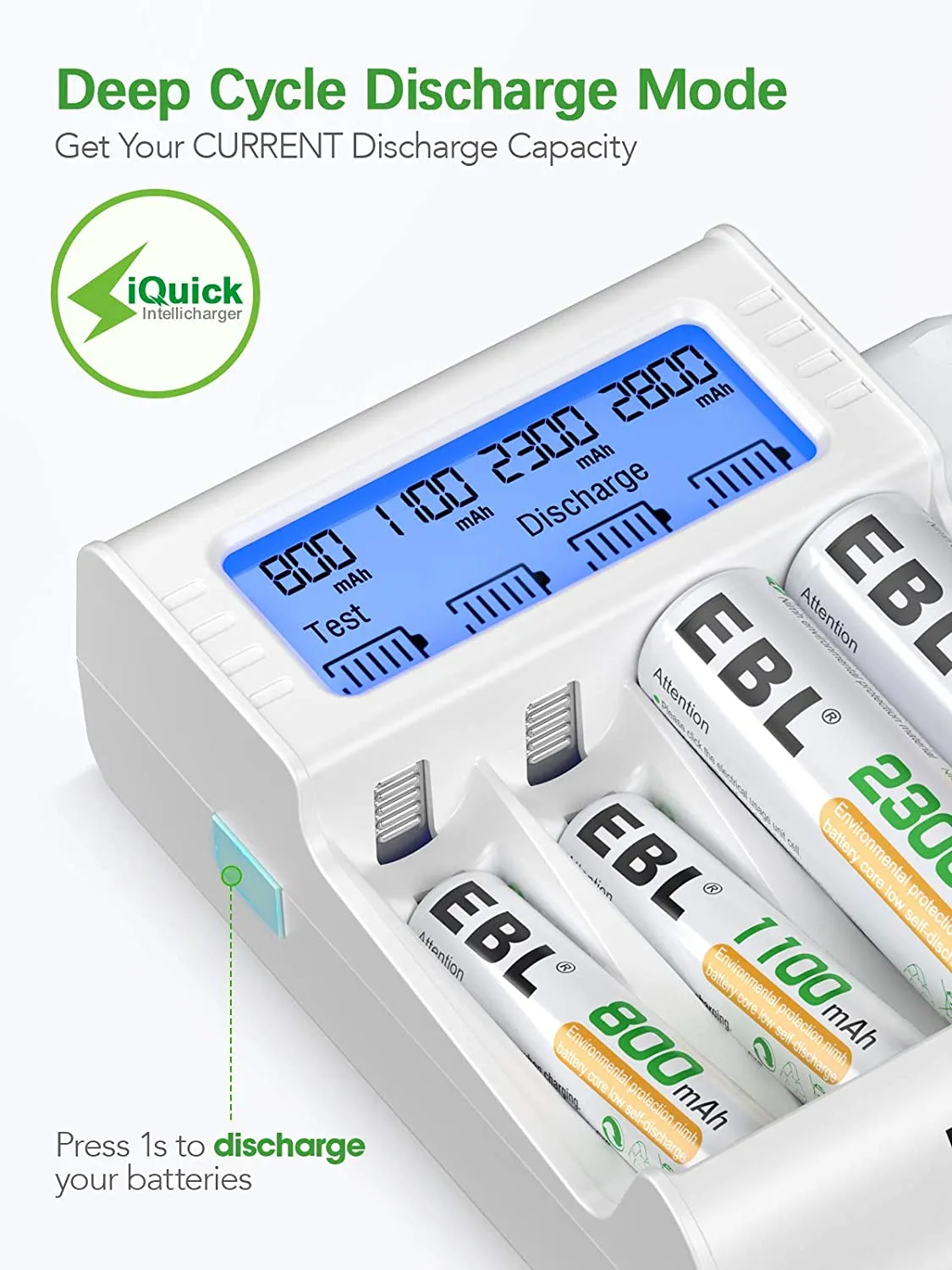 EBL TB-6072 4-Bay Smart Battery Charger with Fast Charging, Built-In LCD Indicator Display and Battery Capacity Test Technology & Discharge Function for AA AAA Rechargeable Batteries