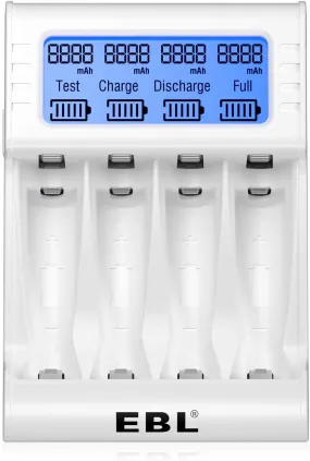 EBL TB-6072 4-Bay Smart Battery Charger with Fast Charging, Built-In LCD Indicator Display and Battery Capacity Test Technology & Discharge Function for AA AAA Rechargeable Batteries