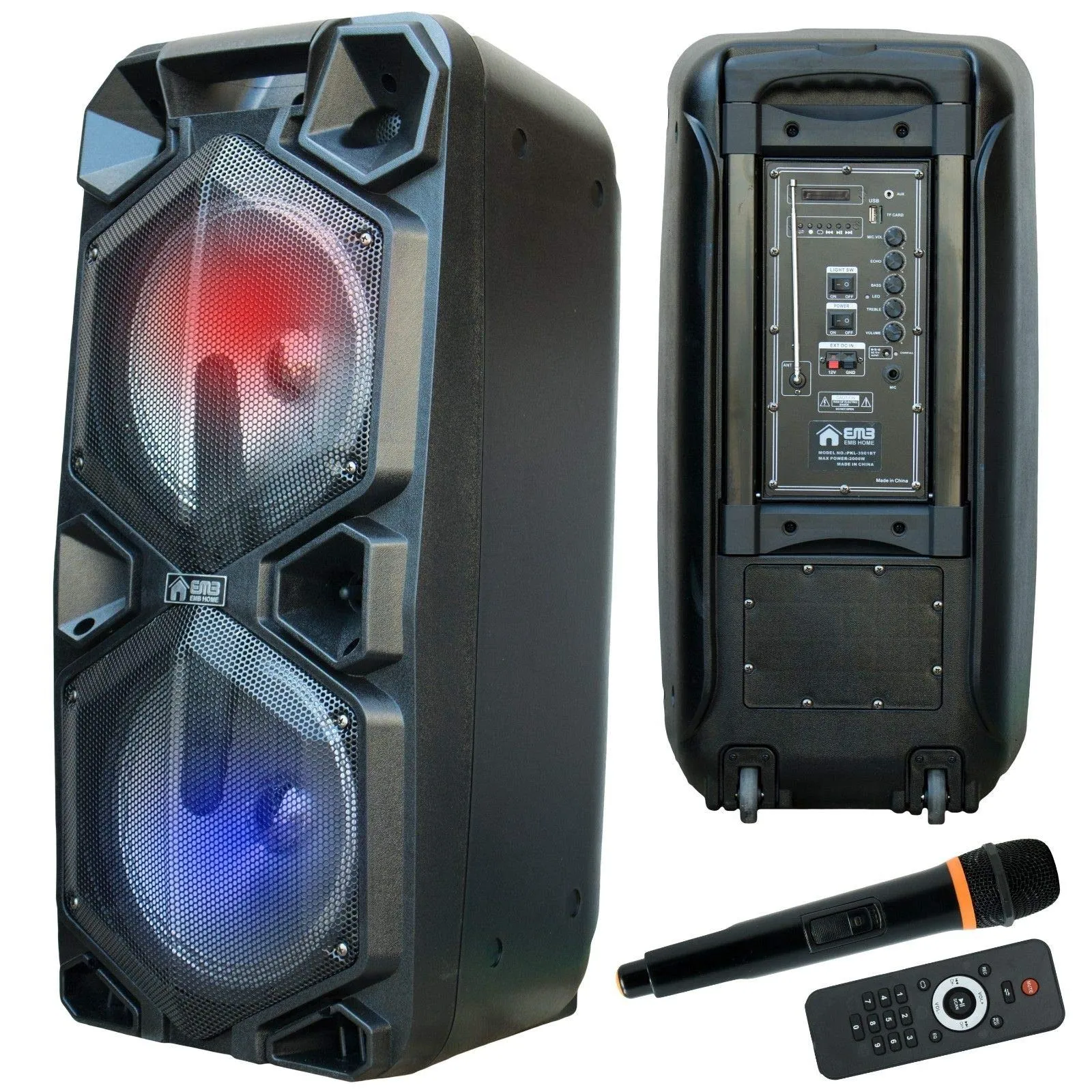 EMB PKL3901BT 2000 Watts Rechargeable PA Speaker w/Bluetooth, Light, Echo   Remote Control