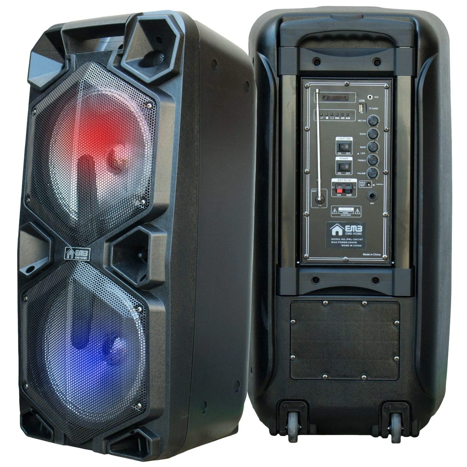 EMB PKL3901BT 2000 Watts Rechargeable PA Speaker w/Bluetooth, Light, Echo   Remote Control