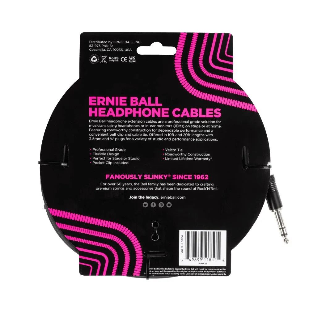 Ernie Ball EB6423 Headphone Extension Cable 1/4 To 3.5mm 20 Ft, Black