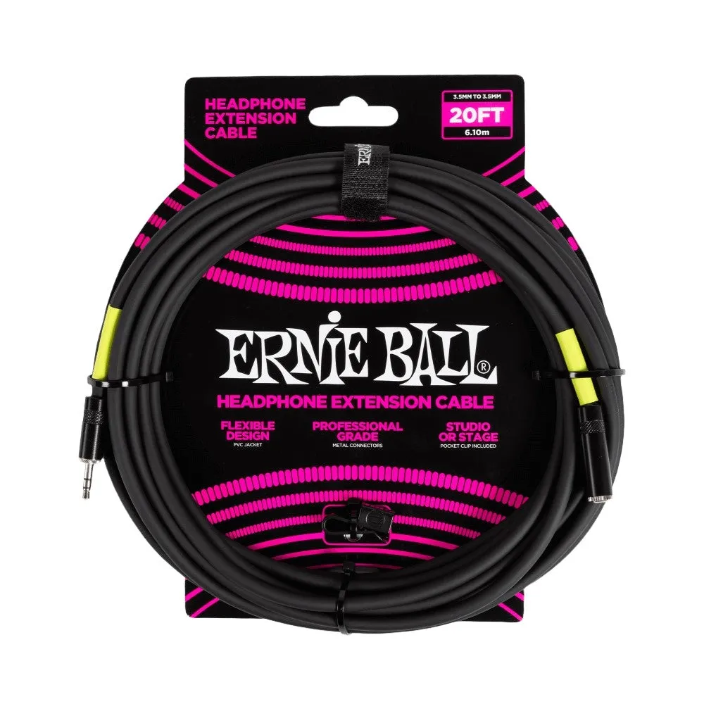 Ernie Ball EB6425 Headphone Extension Cable 3.5mm To 3.5mm 20 Ft, Black