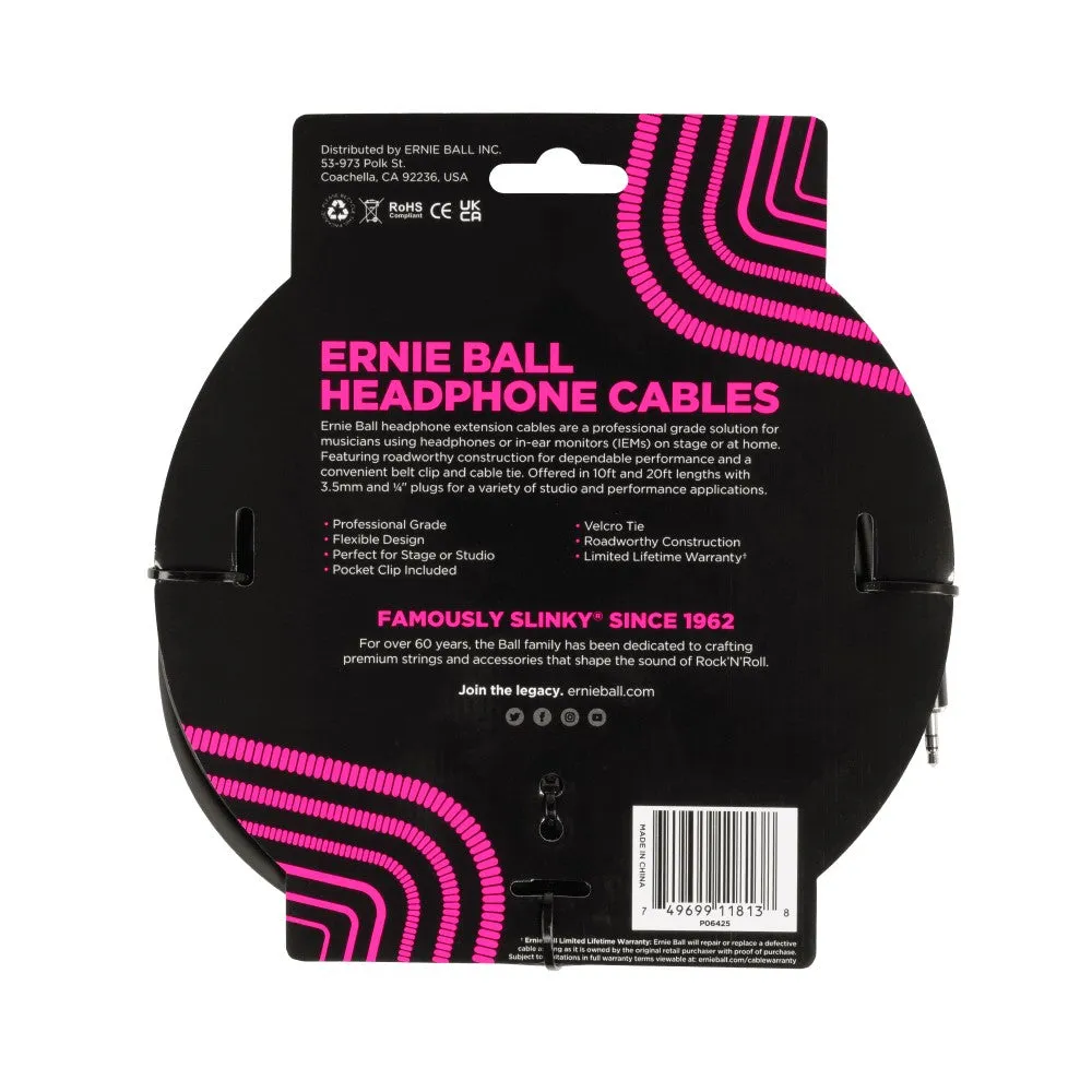 Ernie Ball EB6425 Headphone Extension Cable 3.5mm To 3.5mm 20 Ft, Black