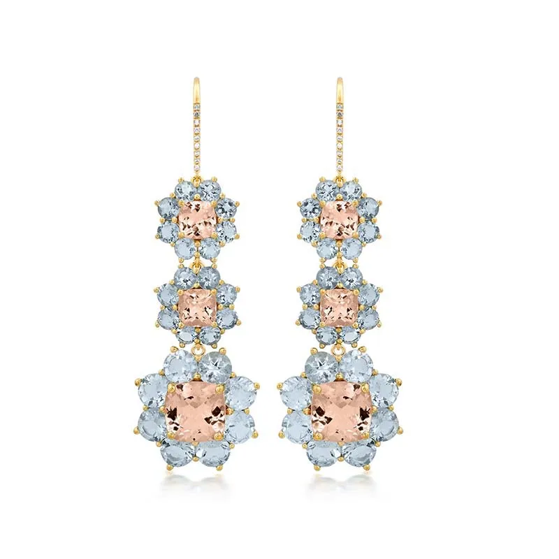 Graduated Statement Aquamarine and Morganite Flower Earrings