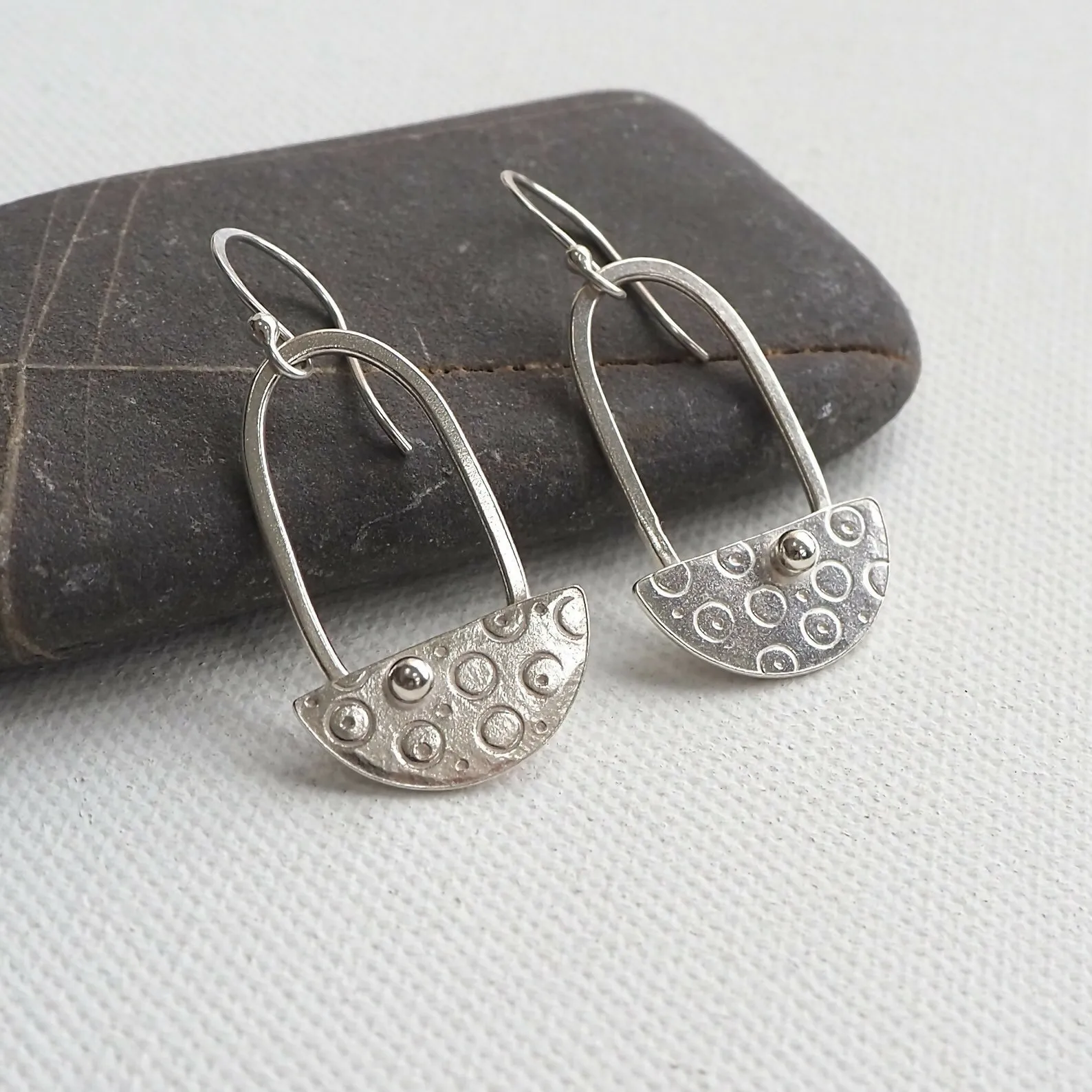 Half Disc - Silver Dangle Earrings, Hallmarked