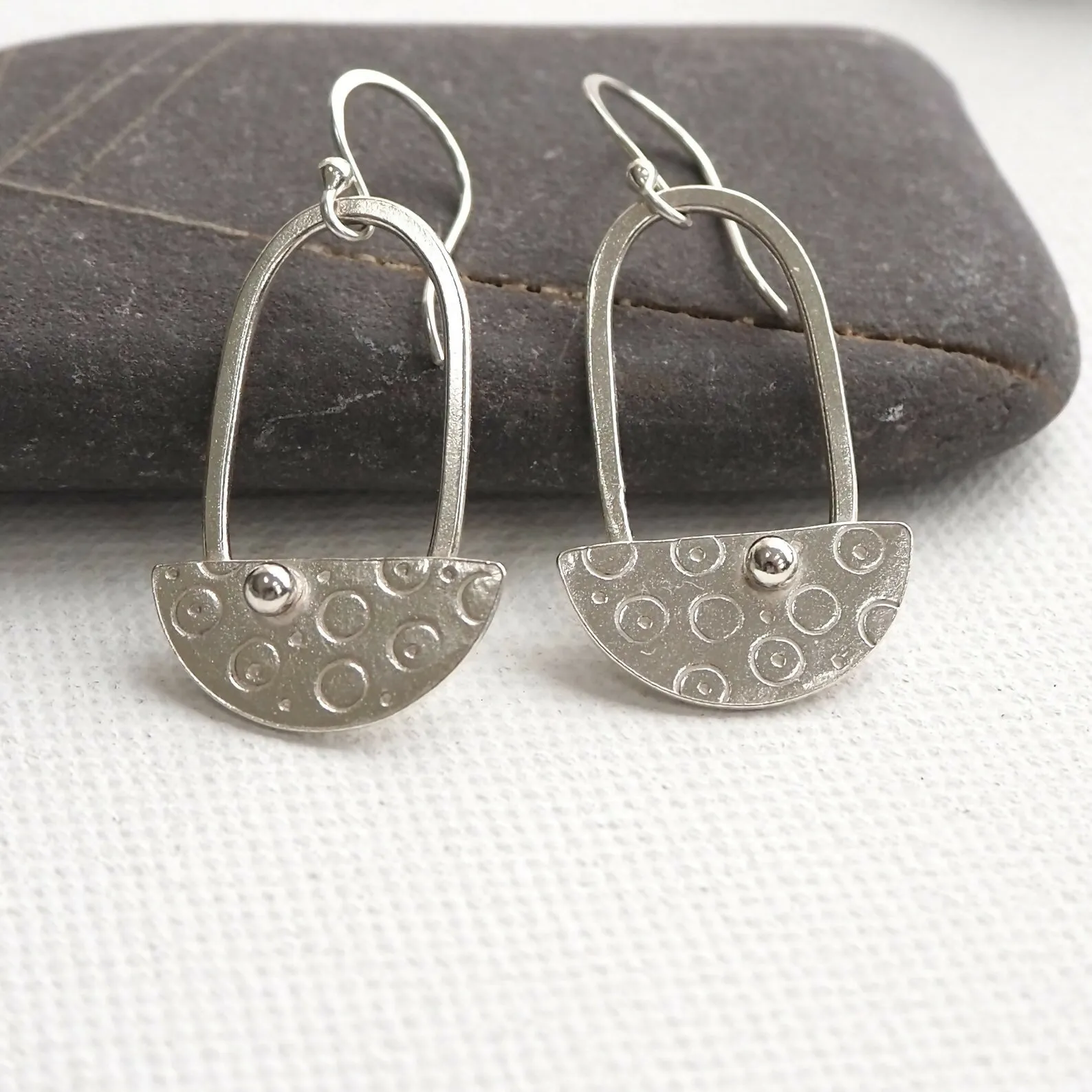 Half Disc - Silver Dangle Earrings, Hallmarked