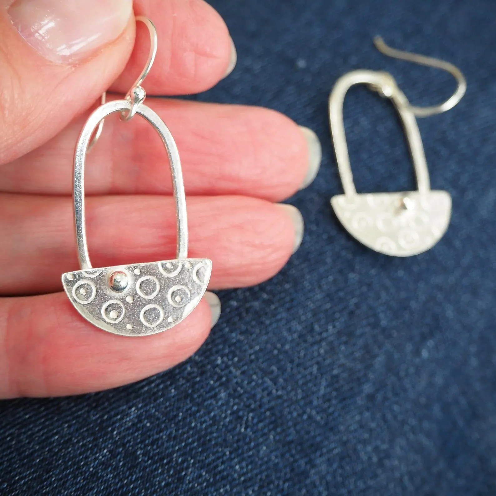 Half Disc - Silver Dangle Earrings, Hallmarked