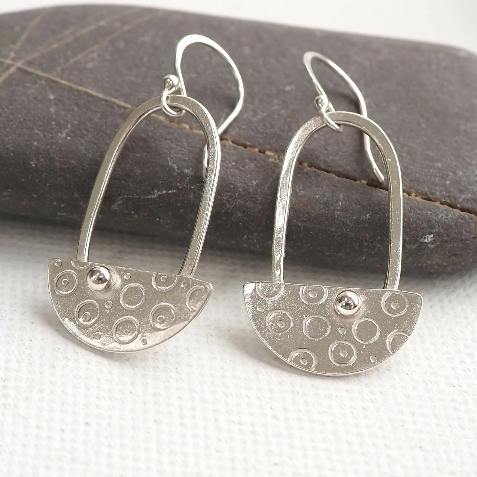 Half Disc - Silver Dangle Earrings, Hallmarked