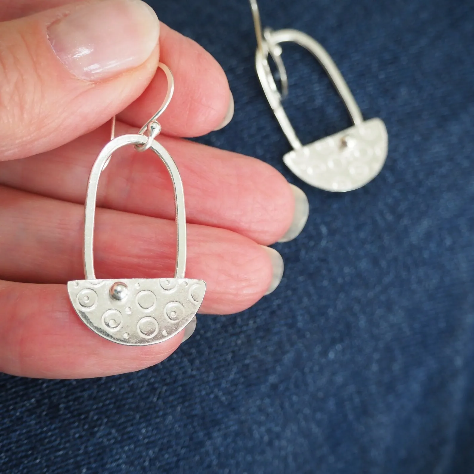 Half Disc - Silver Dangle Earrings, Hallmarked