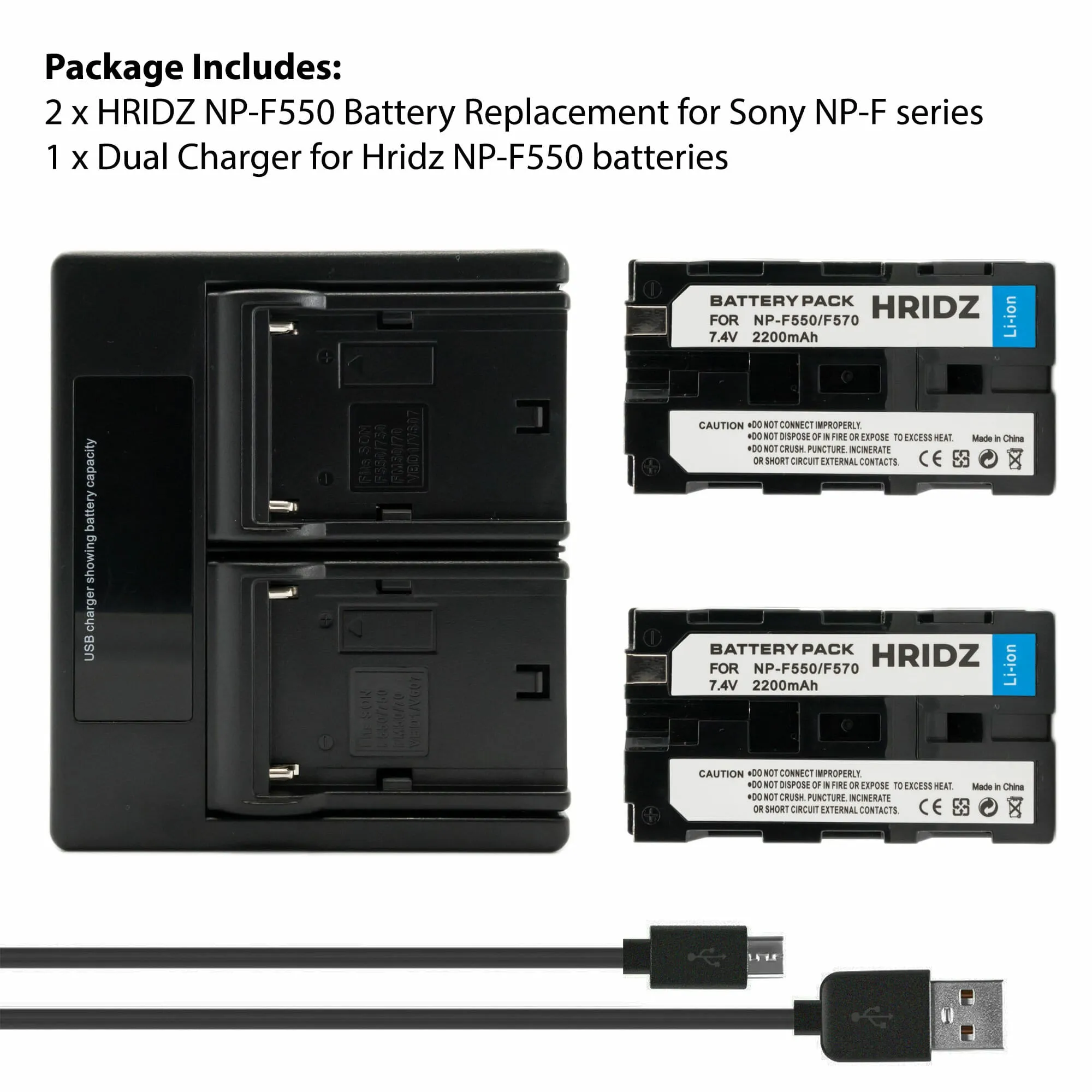 Hridz NP-F550 Batteries & Charger Set Compatible with Sony NPF 550 970 series