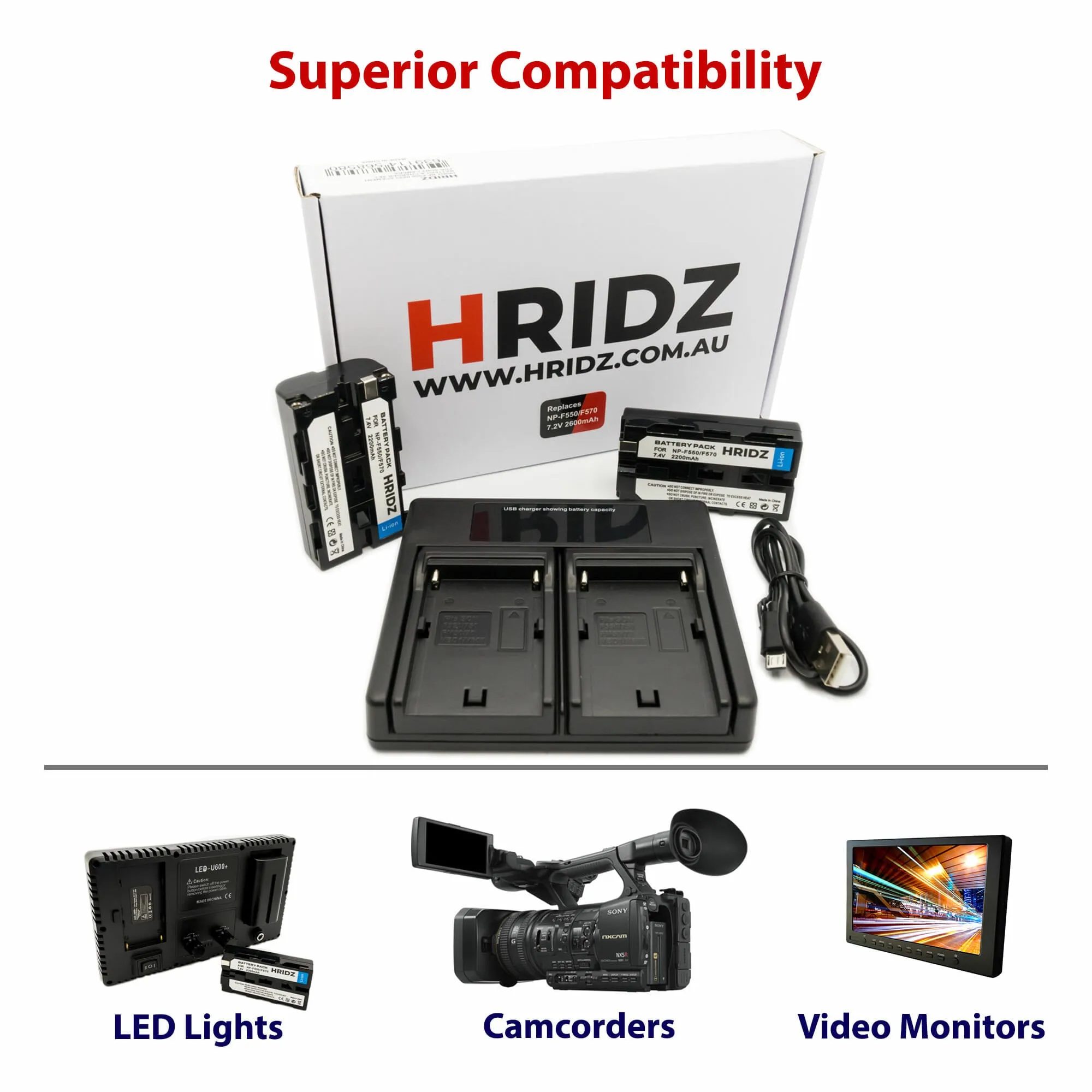 Hridz NP-F550 Batteries & Charger Set Compatible with Sony NPF 550 970 series