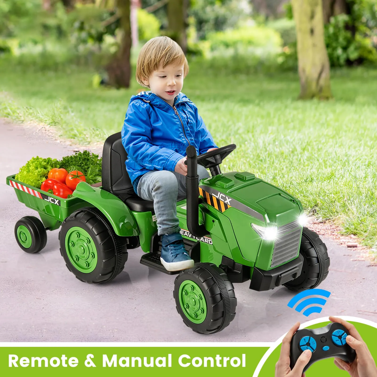 INFANS 12V Kids Ride on Tractor, Battery Powered Motorized Electric Car with Trailer, Dual Motors, Toddler Vehicle Toys