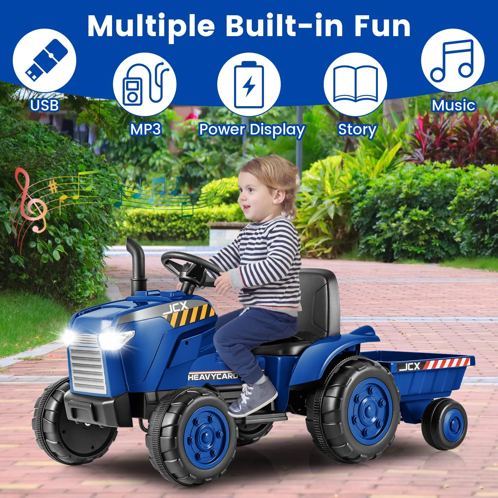 INFANS 12V Kids Ride on Tractor, Battery Powered Motorized Electric Car with Trailer, Dual Motors, Toddler Vehicle Toys