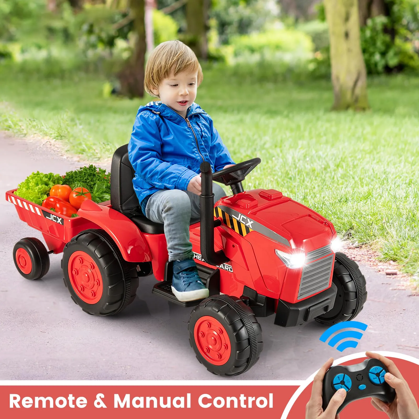 INFANS 12V Kids Ride on Tractor, Battery Powered Motorized Electric Car with Trailer, Dual Motors, Toddler Vehicle Toys